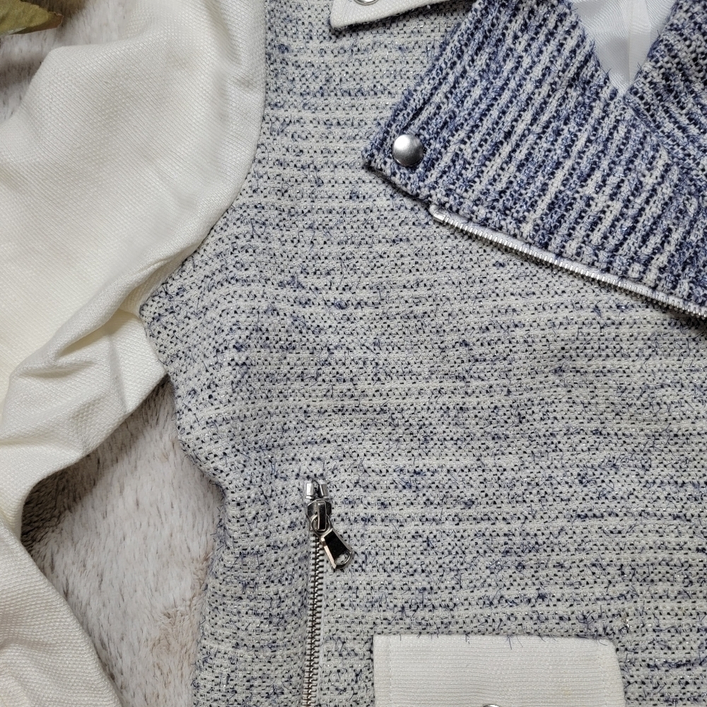 Sandro Paris‎ Vernis Tweed Moto Jacket Blue White Gray Size 38 - Picture 8 of 14